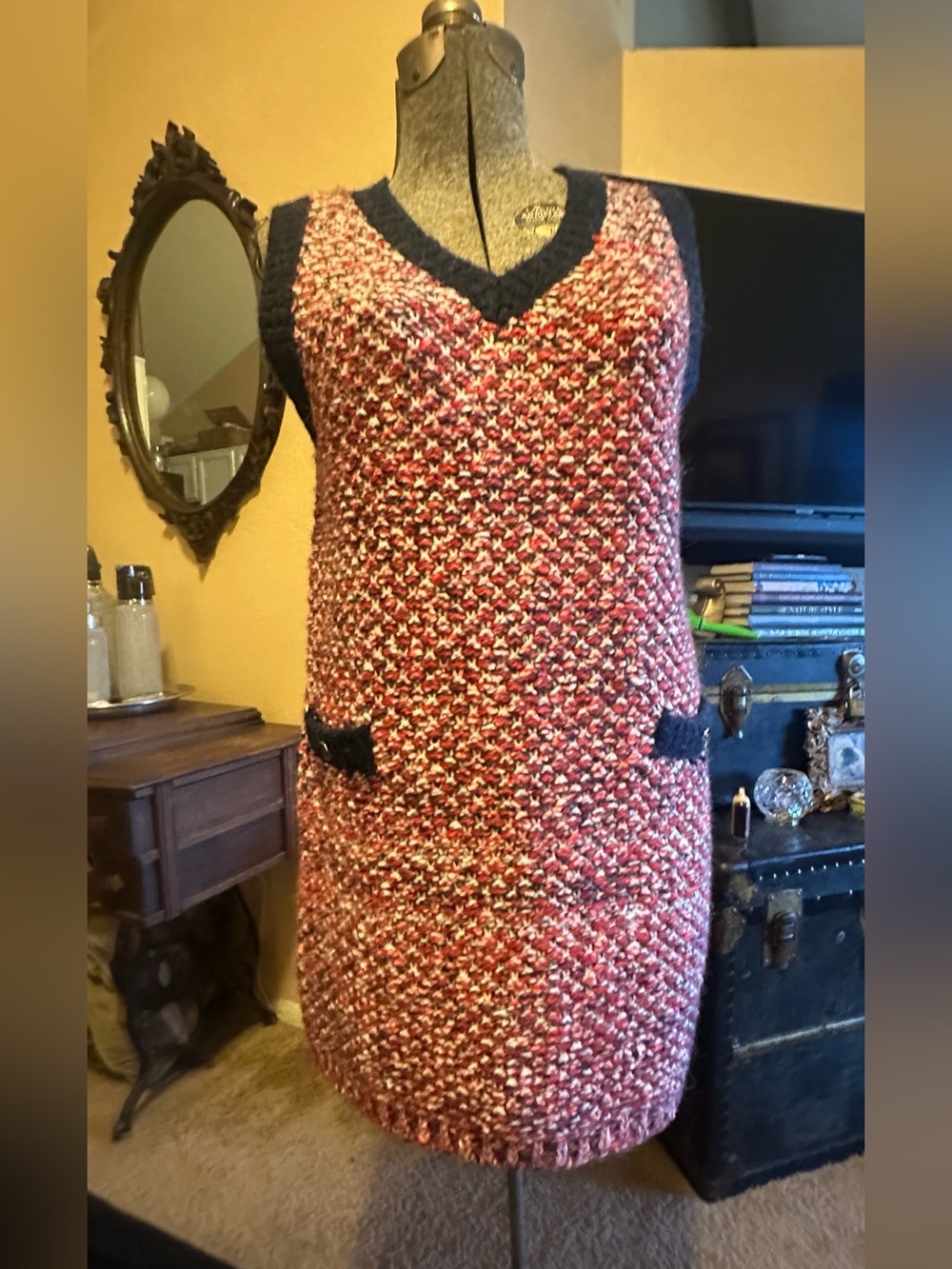 CC Red and Black Mohair Sleeveless Shift Dress